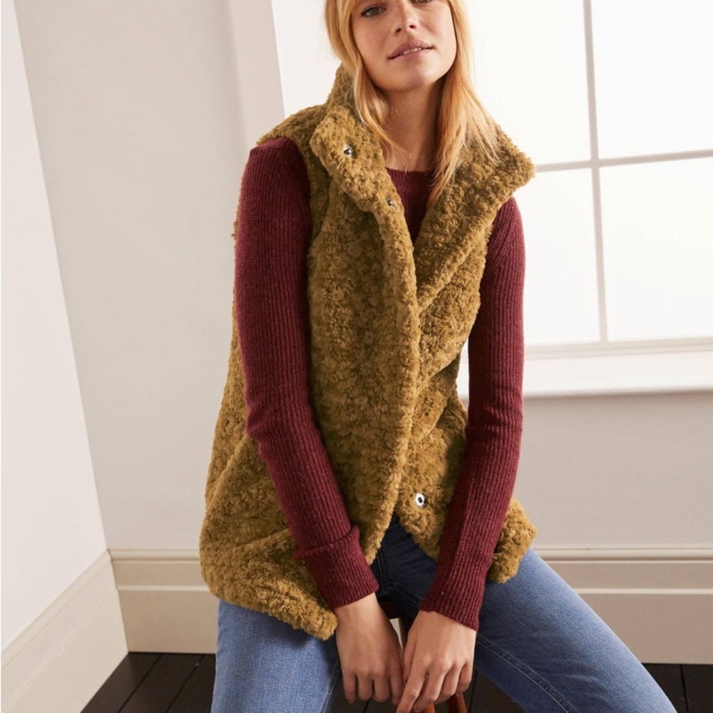 Boden Haddon Brown Faux Fur Gilet Teddy Vest Retro Warm Cozy pockets Size 10 GUC